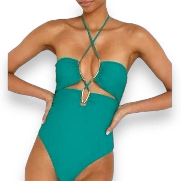 River Island - Women’s Emerald Green Strappy High Cut One Piece Swimsuit - Picture 14 of 14